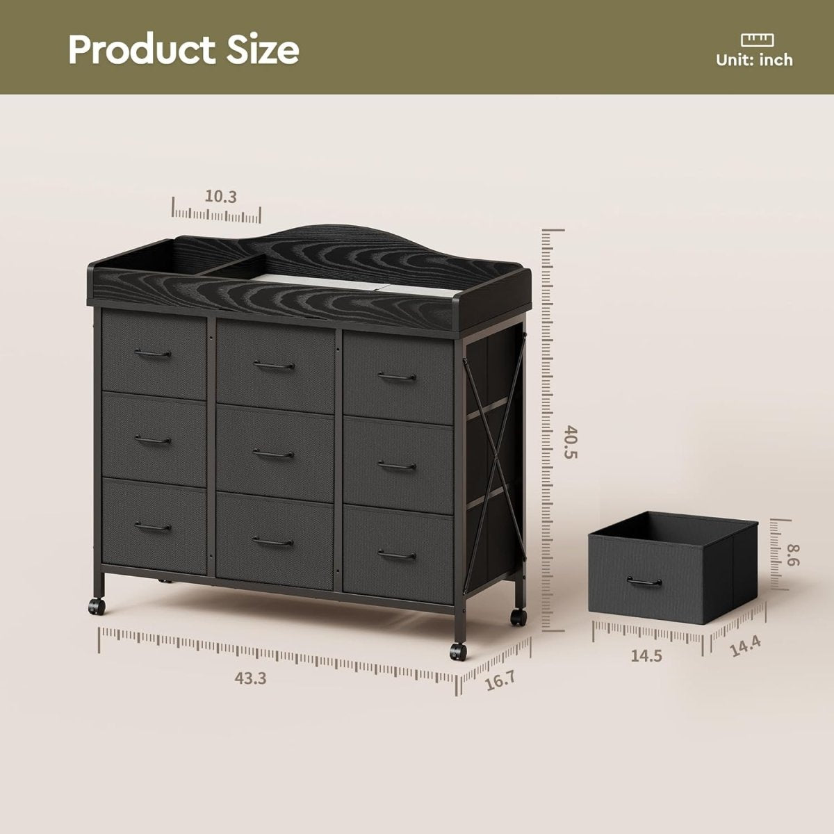 Baby Dresser with Changing Table Top, Changing Table Dresser with 9 Fabric Drawers, Waterproof Diaper Changing Station & Pad, Mobile Nursery Storage Unit, Baby Furniture, Bedroom, Black - LittleTreasures