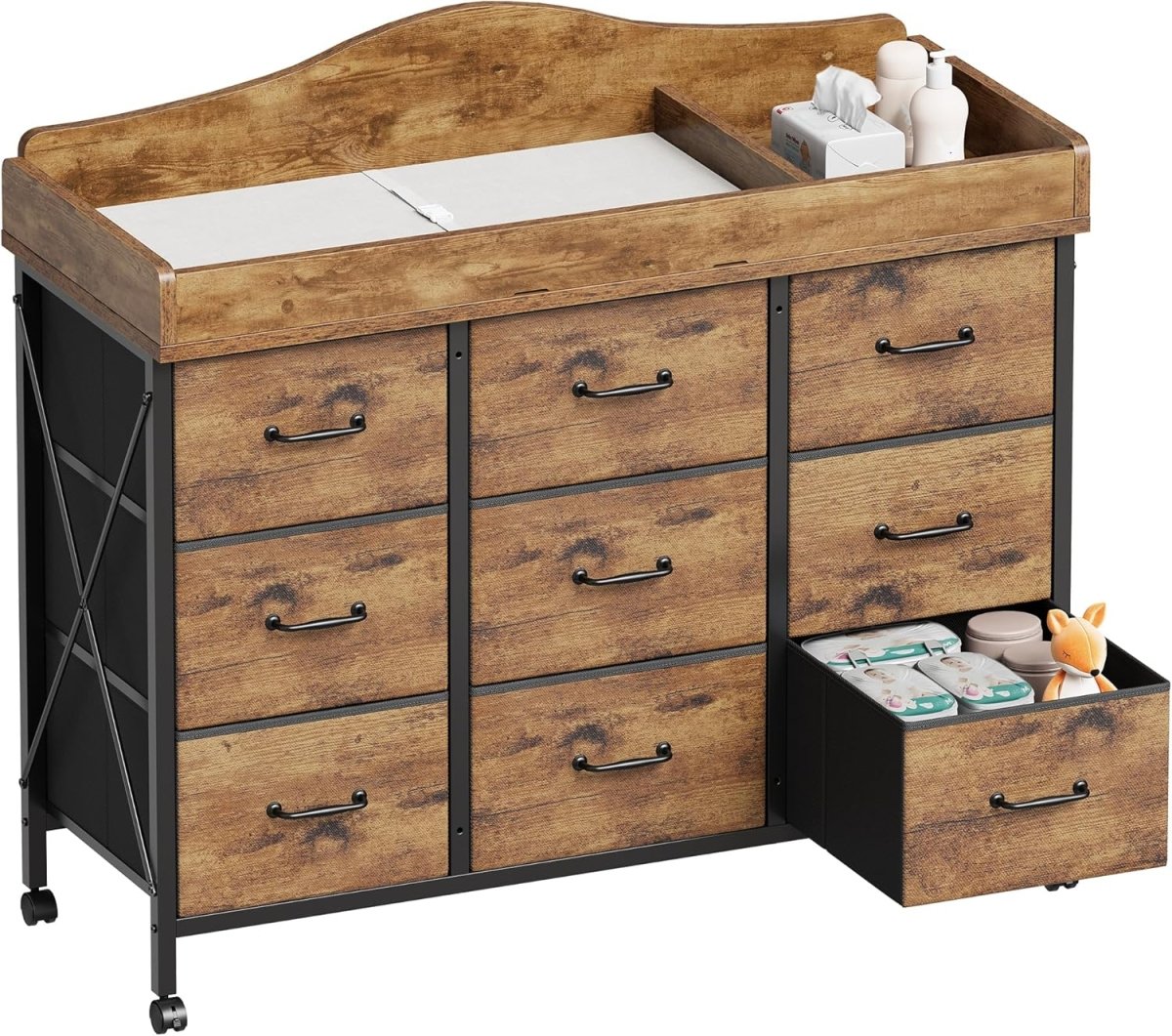 Baby Dresser with Changing Table Top, Changing Table Dresser with 9 Fabric Drawers, Waterproof Diaper Changing Station & Pad, Mobile Nursery Storage Unit, Baby Furniture, Bedroom, Black - LittleTreasures