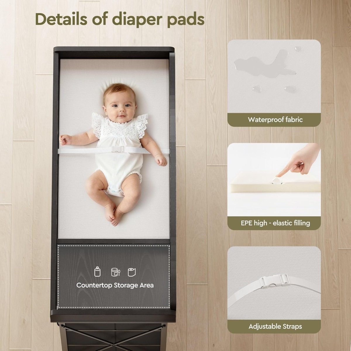 Baby Dresser with Changing Table Top, Changing Table Dresser with 9 Fabric Drawers, Waterproof Diaper Changing Station & Pad, Mobile Nursery Storage Unit, Baby Furniture, Bedroom, Black - LittleTreasures