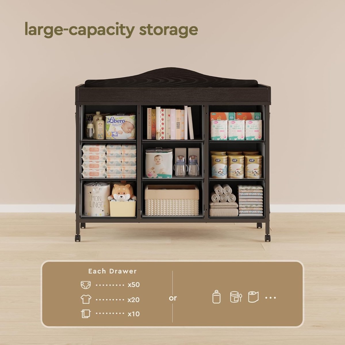 Baby Dresser with Changing Table Top, Changing Table Dresser with 9 Fabric Drawers, Waterproof Diaper Changing Station & Pad, Mobile Nursery Storage Unit, Baby Furniture, Bedroom, Black - LittleTreasures