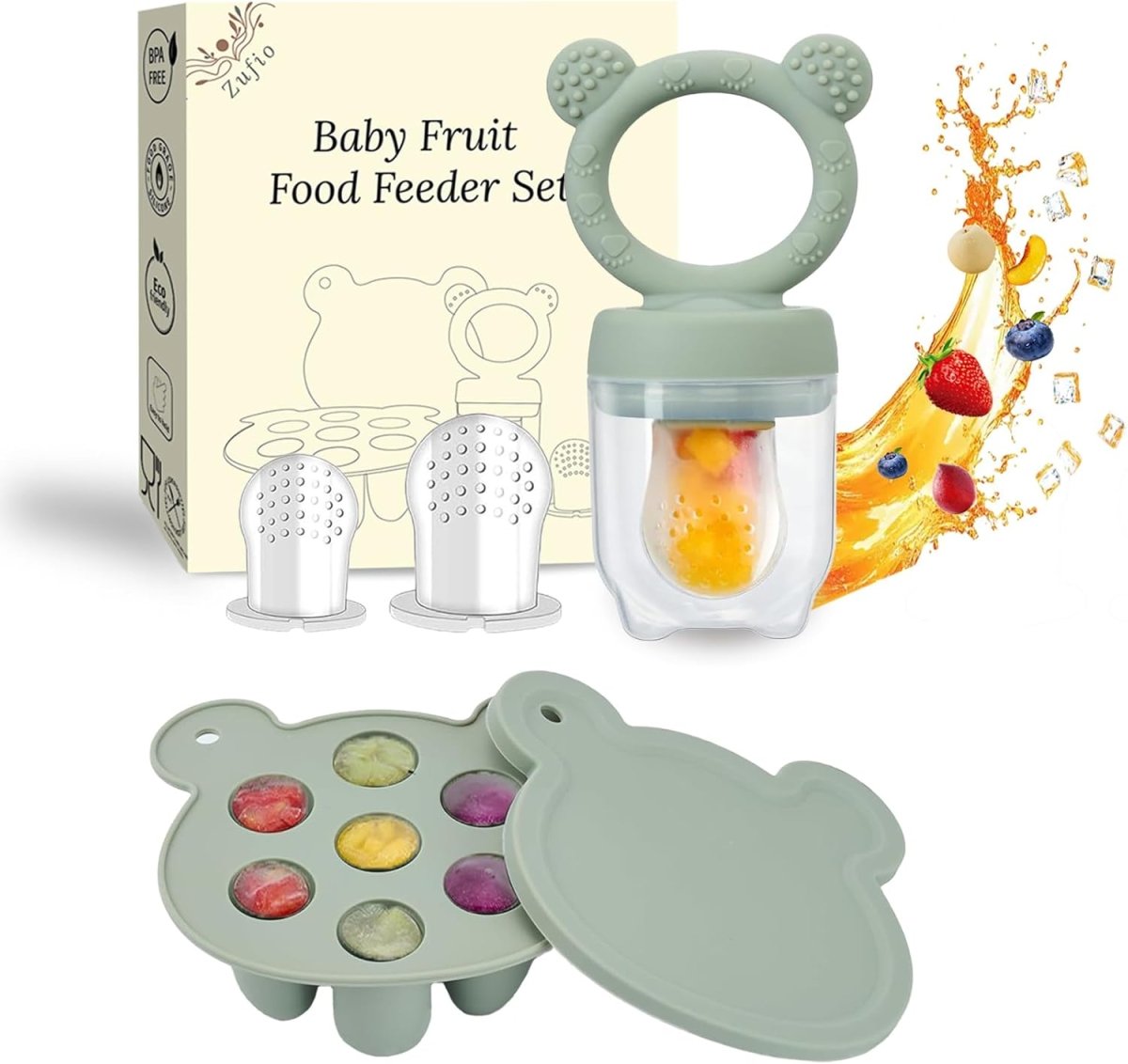 Baby Fruit Feeder Pacifier - Silicone Feeder Baby - BPA - free Frozen Food Feeder Breast Milk Popsicle Mold - Teething Relief Baby 4M+ Eating Feeding Essentials((Bear Green) - LittleTreasures