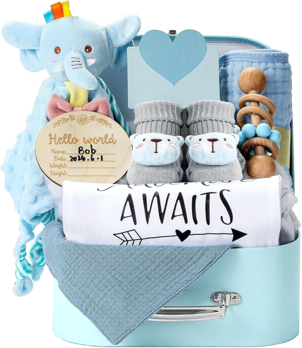 Baby Gift Set Baby Shower Gifts Basket for Newborns New Born Baby Boy Gift Set Blue Baby Gift Basket with Baby Rattle Muslin Towel Security Blanket Gender Reveal Gifts for Baby Girls Boys - LittleTreasures