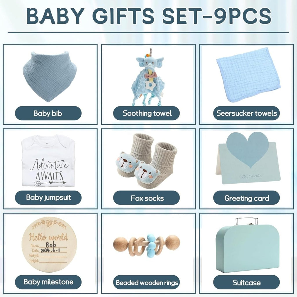Baby Gift Set Baby Shower Gifts Basket for Newborns New Born Baby Boy Gift Set Blue Baby Gift Basket with Baby Rattle Muslin Towel Security Blanket Gender Reveal Gifts for Baby Girls Boys - LittleTreasures
