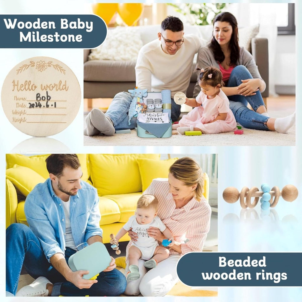 Baby Gift Set Baby Shower Gifts Basket for Newborns New Born Baby Boy Gift Set Blue Baby Gift Basket with Baby Rattle Muslin Towel Security Blanket Gender Reveal Gifts for Baby Girls Boys - LittleTreasures