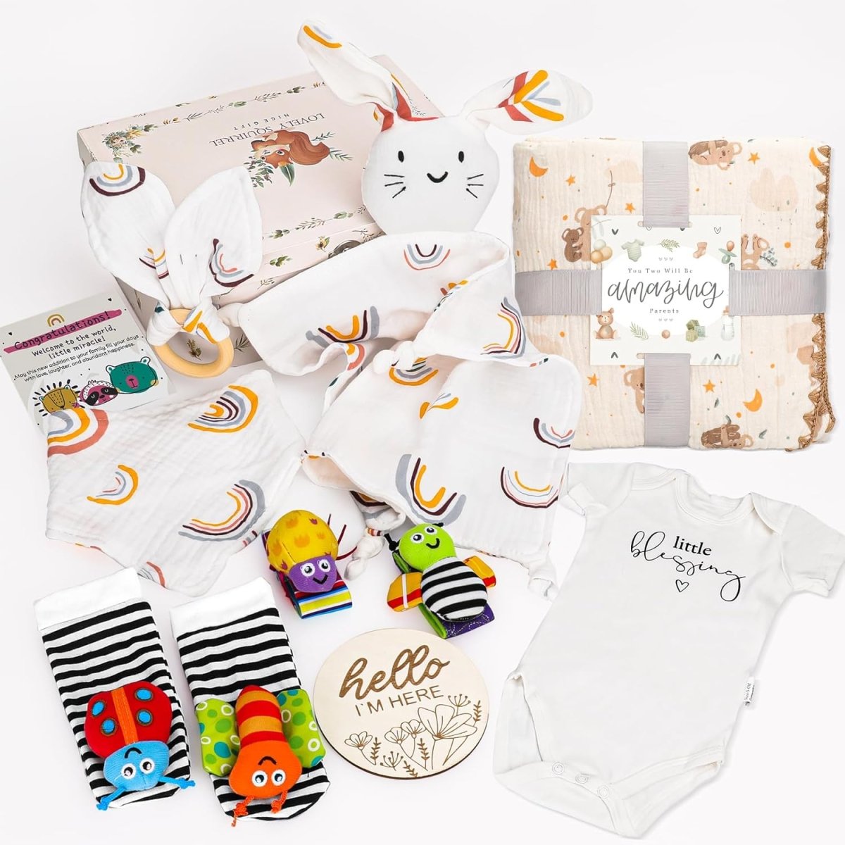 Baby Gift Set,Baby Shower Gifts,New Mom Gifts for Women, 0 - 6 Months for Newborn Essentials Infant Rattle Socks,Blanket Onesies Baby Gift Basket for Girls Boys - LittleTreasures