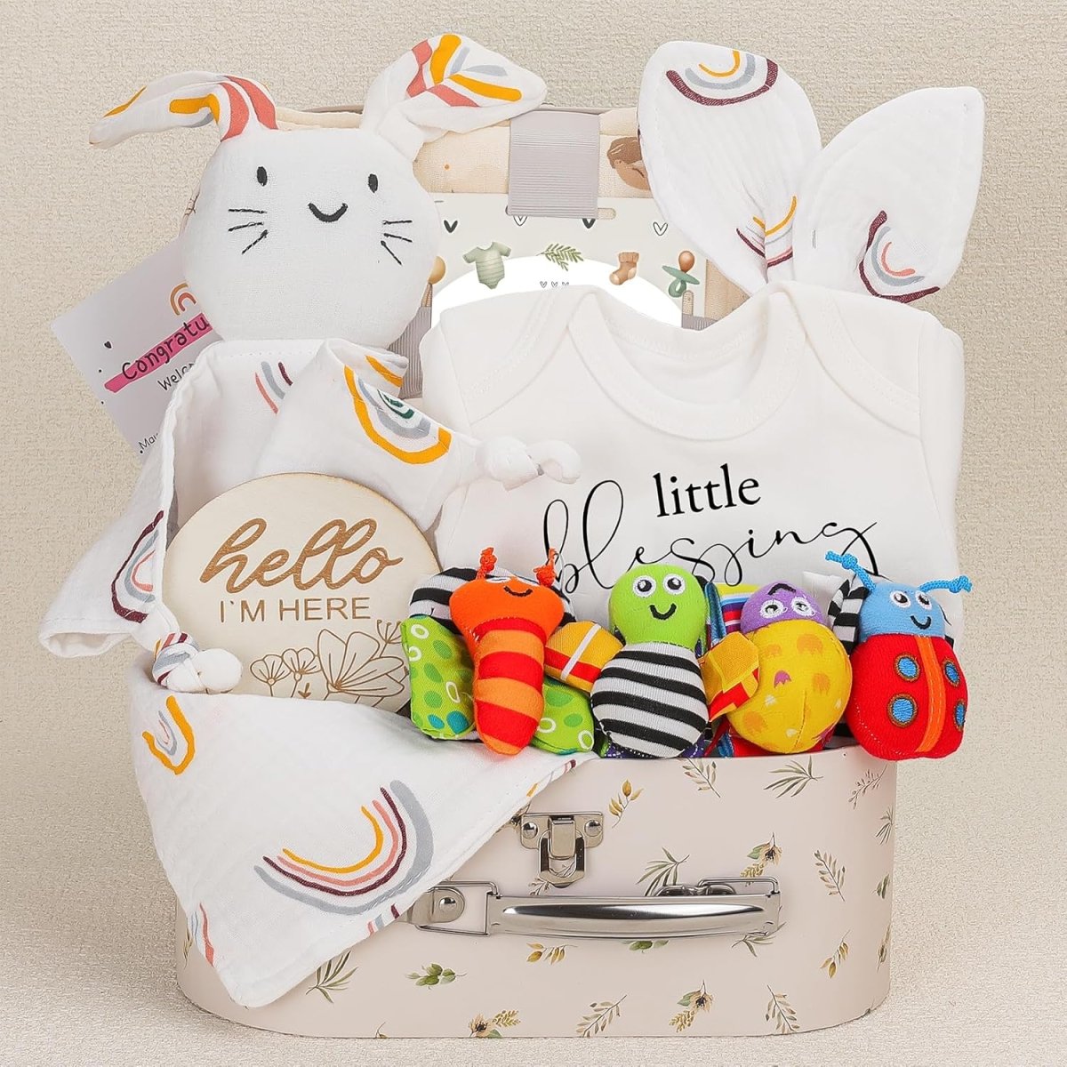 Baby Gift Set,Baby Shower Gifts,New Mom Gifts for Women, 0 - 6 Months for Newborn Essentials Infant Rattle Socks,Blanket Onesies Baby Gift Basket for Girls Boys - LittleTreasures