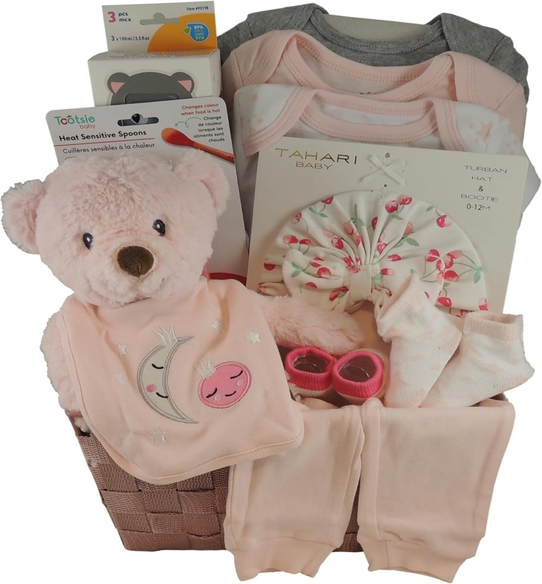 Baby Girl Gift Basket: 3 Onesies, 1 Pair of Matching Pants, 2 Piece Tahari Set, Socks and More - LittleTreasures