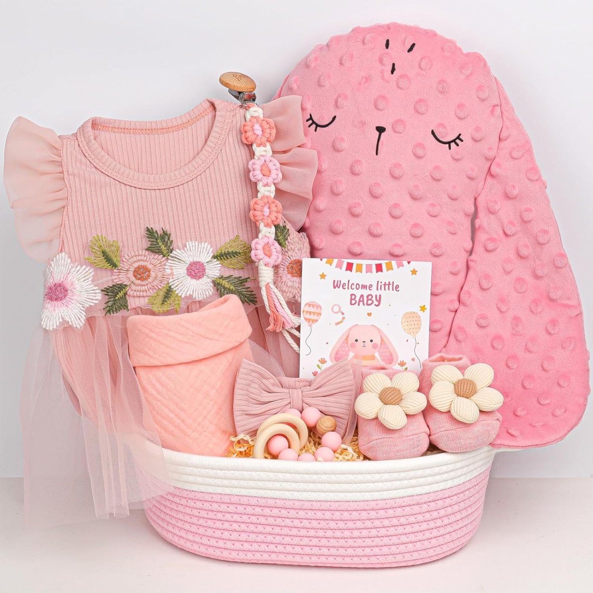 Baby Girl Gift Basket | 9 PCS Pink Welcome Home Newborn Baby Girl Gift Set with Dress, Headband | Newborn Essentials with Socks, Storage Basket | Baby Shower Gift for Girls - LittleTreasures