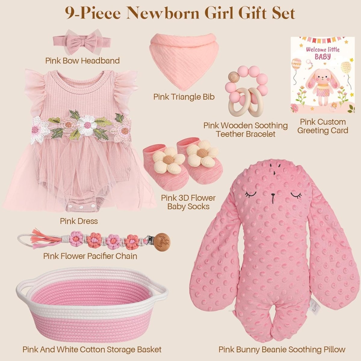 Baby Girl Gift Basket | 9 PCS Pink Welcome Home Newborn Baby Girl Gift Set with Dress, Headband | Newborn Essentials with Socks, Storage Basket | Baby Shower Gift for Girls - LittleTreasures