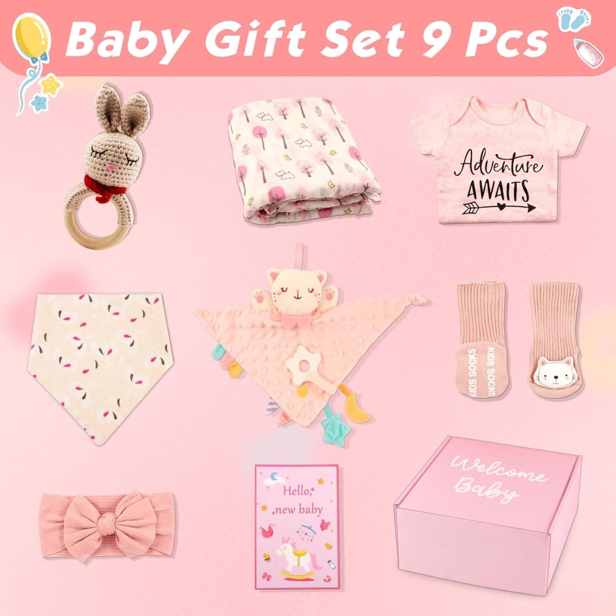 Baby Girl Gifts,Baby Shower Gifts for Girl,9Pcs Newborn Baby Gifts Set,Unique Pink New Baby Basket,Gender Reveal Gifts,Swaddle Rattle Blanket - LittleTreasures
