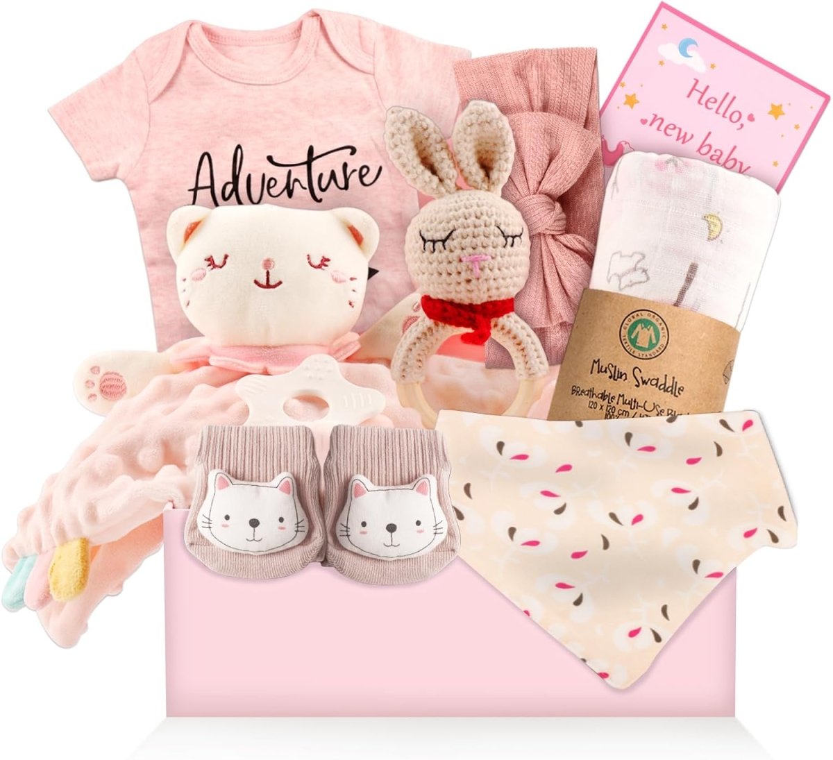 Baby Girl Gifts,Baby Shower Gifts for Girl,9Pcs Newborn Baby Gifts Set,Unique Pink New Baby Basket,Gender Reveal Gifts,Swaddle Rattle Blanket - LittleTreasures