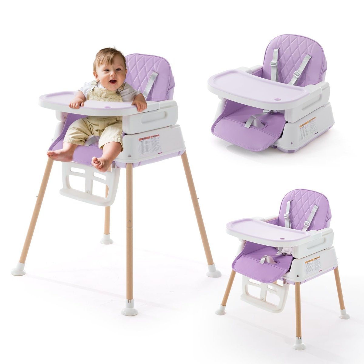 Baby High Chairs, 3 - in - 1 Convertible Baby High Chair, Dining Booster Seat, Toddler Chair, Easy Clean High Chairs for Babies and Toddlers with Adjustable Footrest&Tray - Purple - LittleTreasures