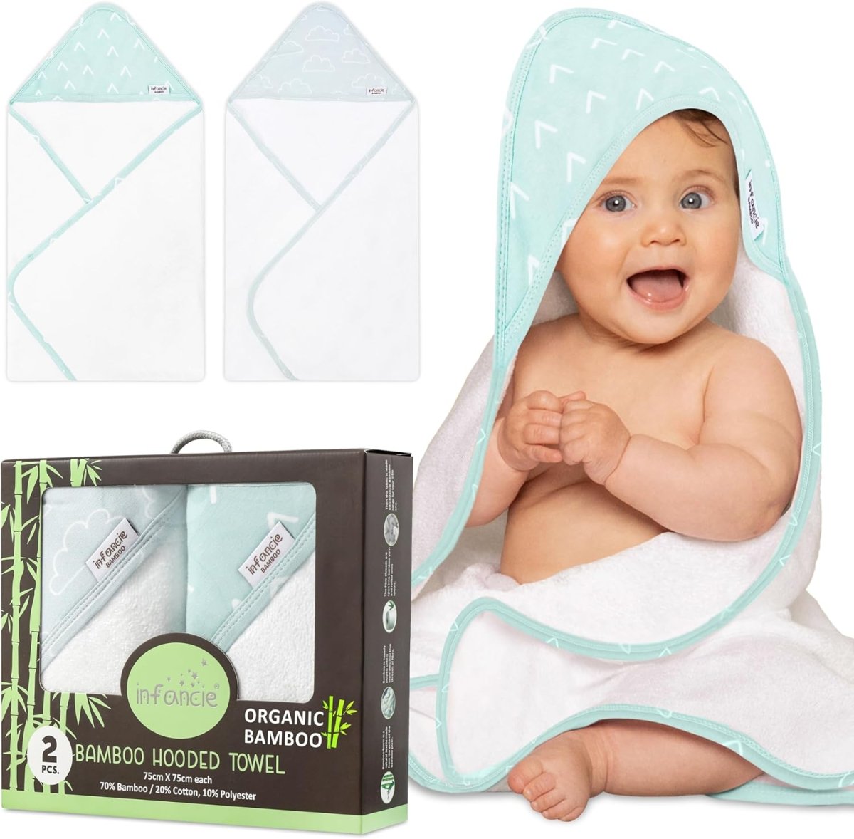 Baby Hooded Towel, Premium Bamboo Infant, 2 - Pack, 75x75 cm, Soft Newborn Bath with Hood for Baby Girls & Boys (Seafoam Green/Baby Blue, 75x75) - LittleTreasures