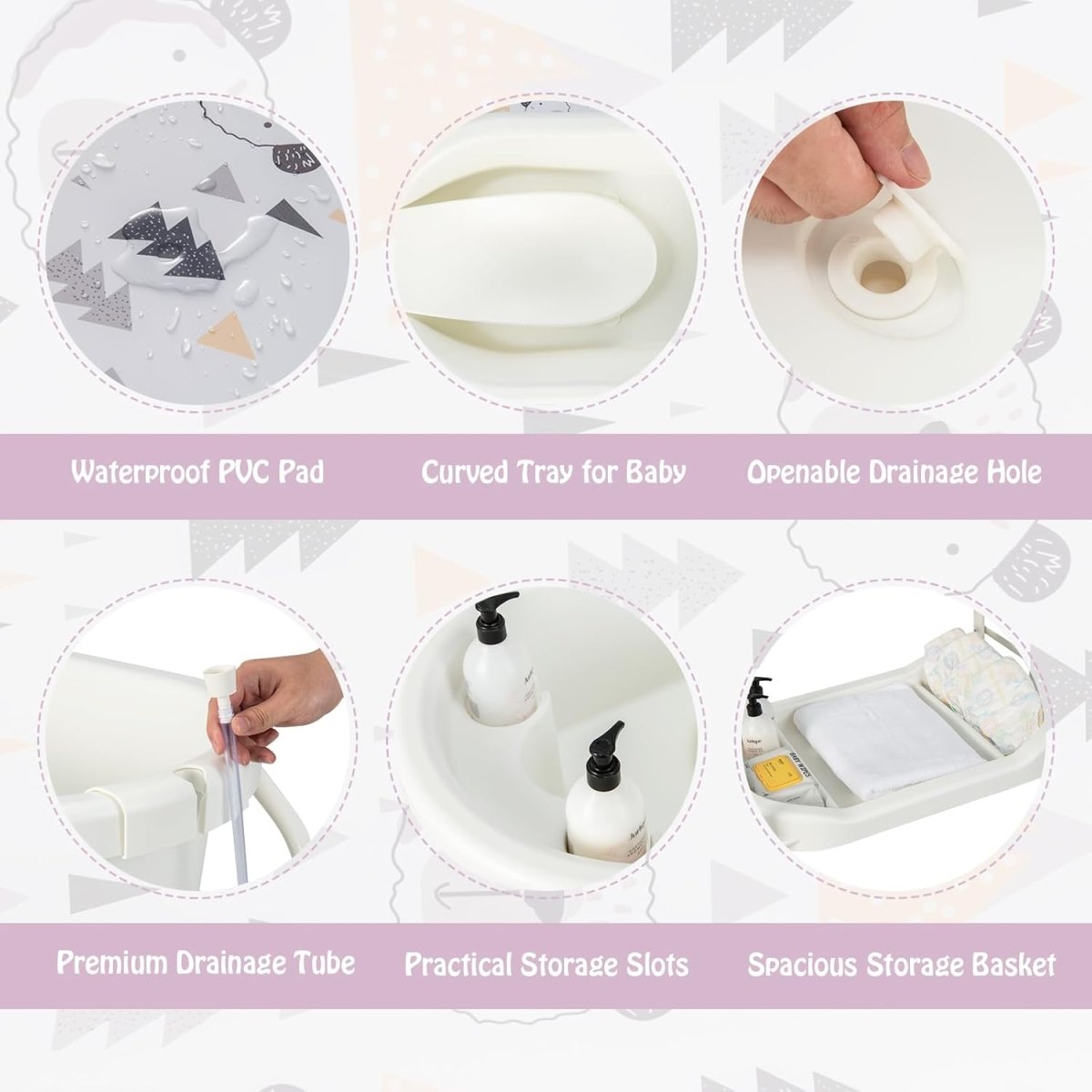 BABY JOY Baby Bathtub with Changing Table, Foldable Infant Diaper Changing Station with Storage Tray, Waterproof Pad, Portable Newborn Nursery Organizer Bath Stand with 4 Universal Wheels (White) - LittleTreasures