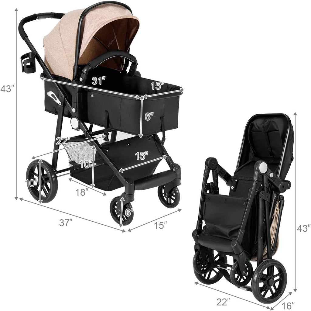 BABY JOY Baby Stroller, 2 In 1 Convertible Carriage Bassinet to Stroller, Pushchair with Foot Cover, Cup Holder, Large Storage Space, Wheels Suspension, 5 - Point Harness (Light Coffee) - LittleTreasures
