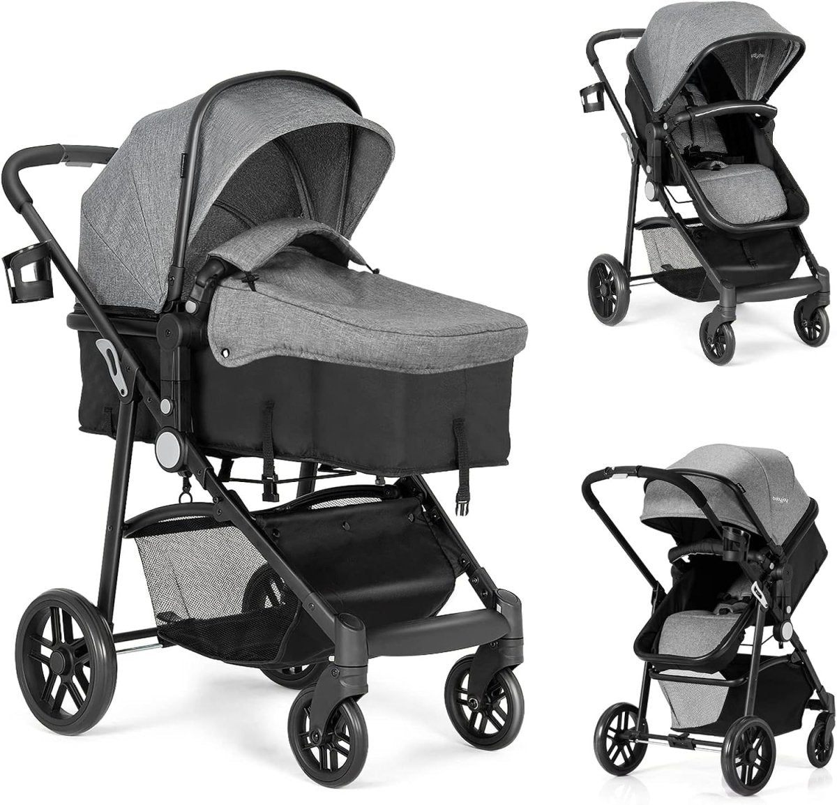 BABY JOY Baby Stroller, 2 In 1 Convertible Carriage Bassinet to Stroller, Pushchair with Foot Cover, Cup Holder, Large Storage Space, Wheels Suspension, 5 - Point Harness (Light Coffee) - LittleTreasures