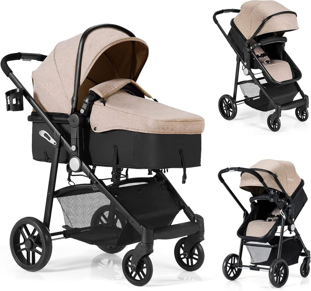 BABY JOY Baby Stroller, 2 In 1 Convertible Carriage Bassinet to Stroller, Pushchair with Foot Cover, Cup Holder, Large Storage Space, Wheels Suspension, 5 - Point Harness (Light Coffee) - LittleTreasures