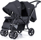 BABY JOY Double Stroller, Foldable Lightweight Twin Stroller with Tandem Seating, Adjustable Backrest/Canopy/Footrest, 5 - Point Harness & Storage Basket for Newborn and Toddler (Black) - LittleTreasures