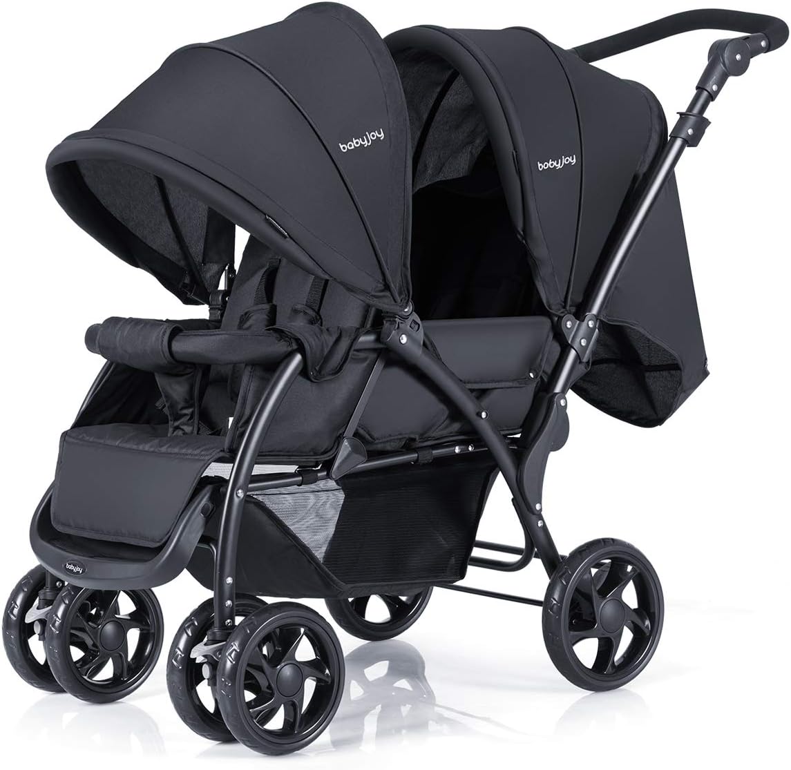 BABY JOY Double Stroller, Foldable Lightweight Twin Stroller with Tandem Seating, Adjustable Backrest/Canopy/Footrest, 5 - Point Harness & Storage Basket for Newborn and Toddler (Black) - LittleTreasures