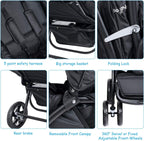 BABY JOY Double Stroller, Foldable Lightweight Twin Stroller with Tandem Seating, Adjustable Backrest/Canopy/Footrest, 5 - Point Harness & Storage Basket for Newborn and Toddler (Black) - LittleTreasures