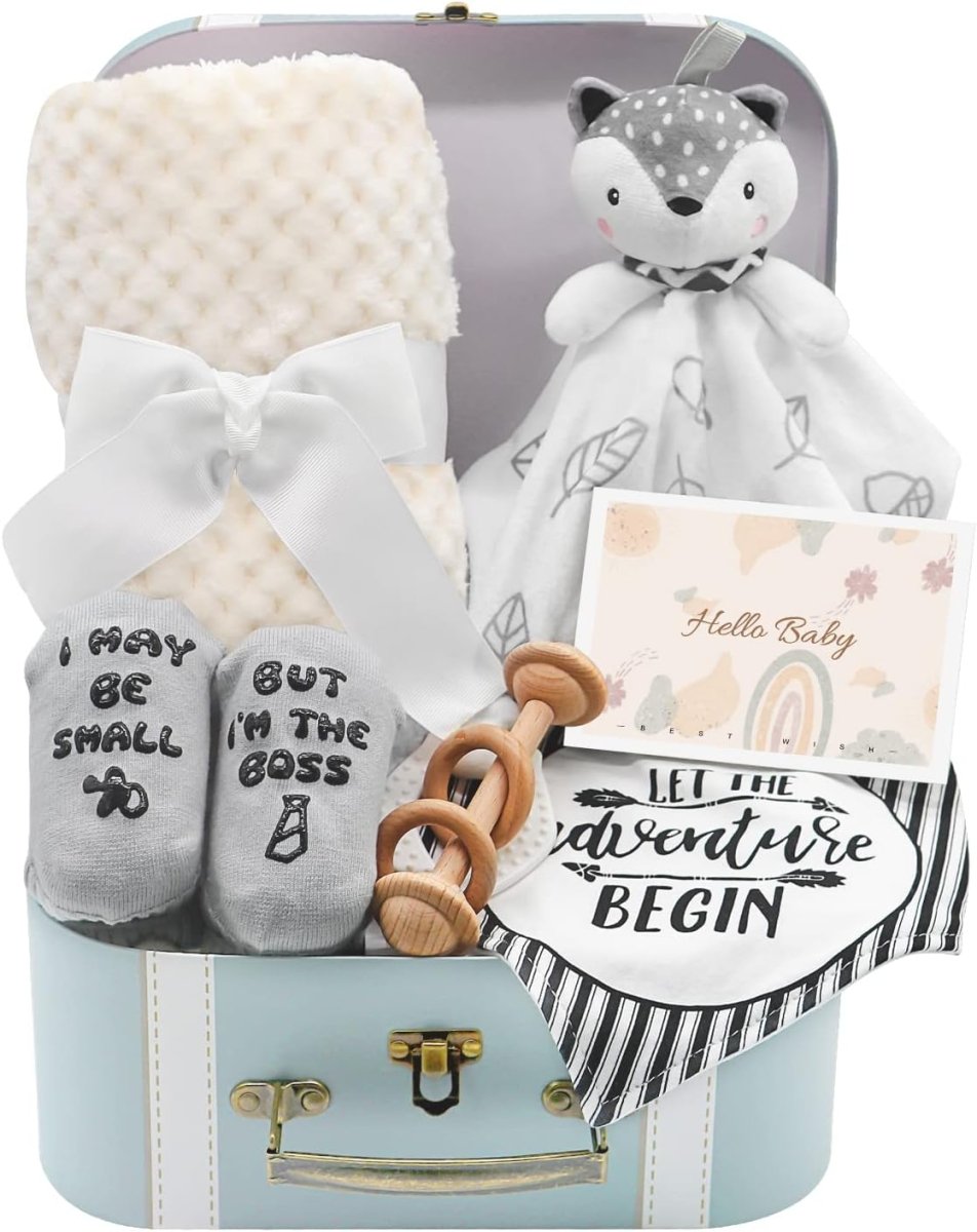 Baby Shower Gifts, Baby Boy Gifts Basket Includes Newborn Blanket Baby Lovey Security Blanket Wooden Rattle Toy, Funny Baby Bibs Socks & Greeting Card - Baby Gift Set Newborn Shower Basket - LittleTreasures