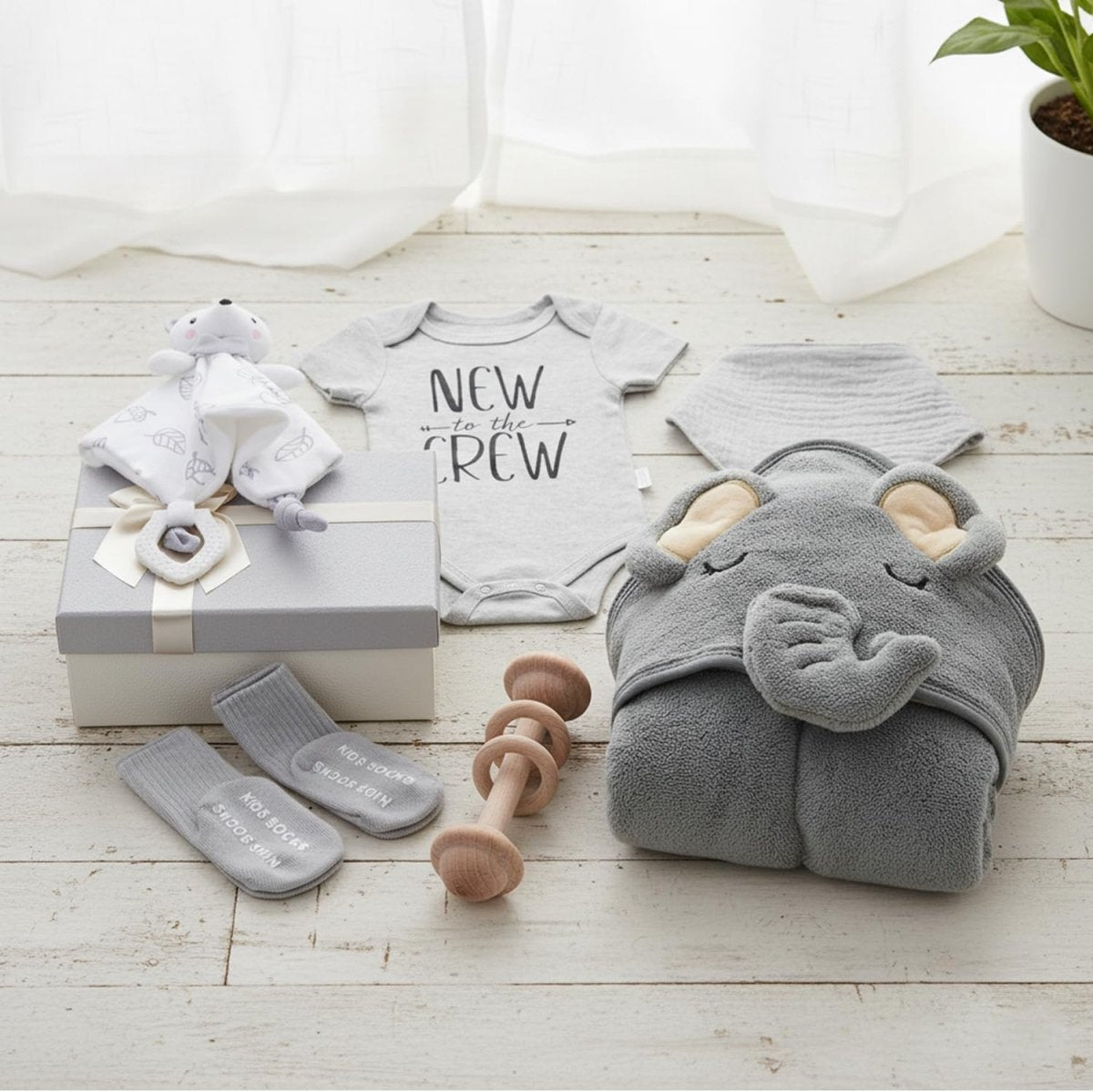 Baby Shower Gifts, Baby Boy Girl Gift Box Set Newborn Baby Blanket , Newborn Lovey Security Blanket, Baby Wooden Rattle Toy, New Born clothes Bibs Socks - LittleTreasures