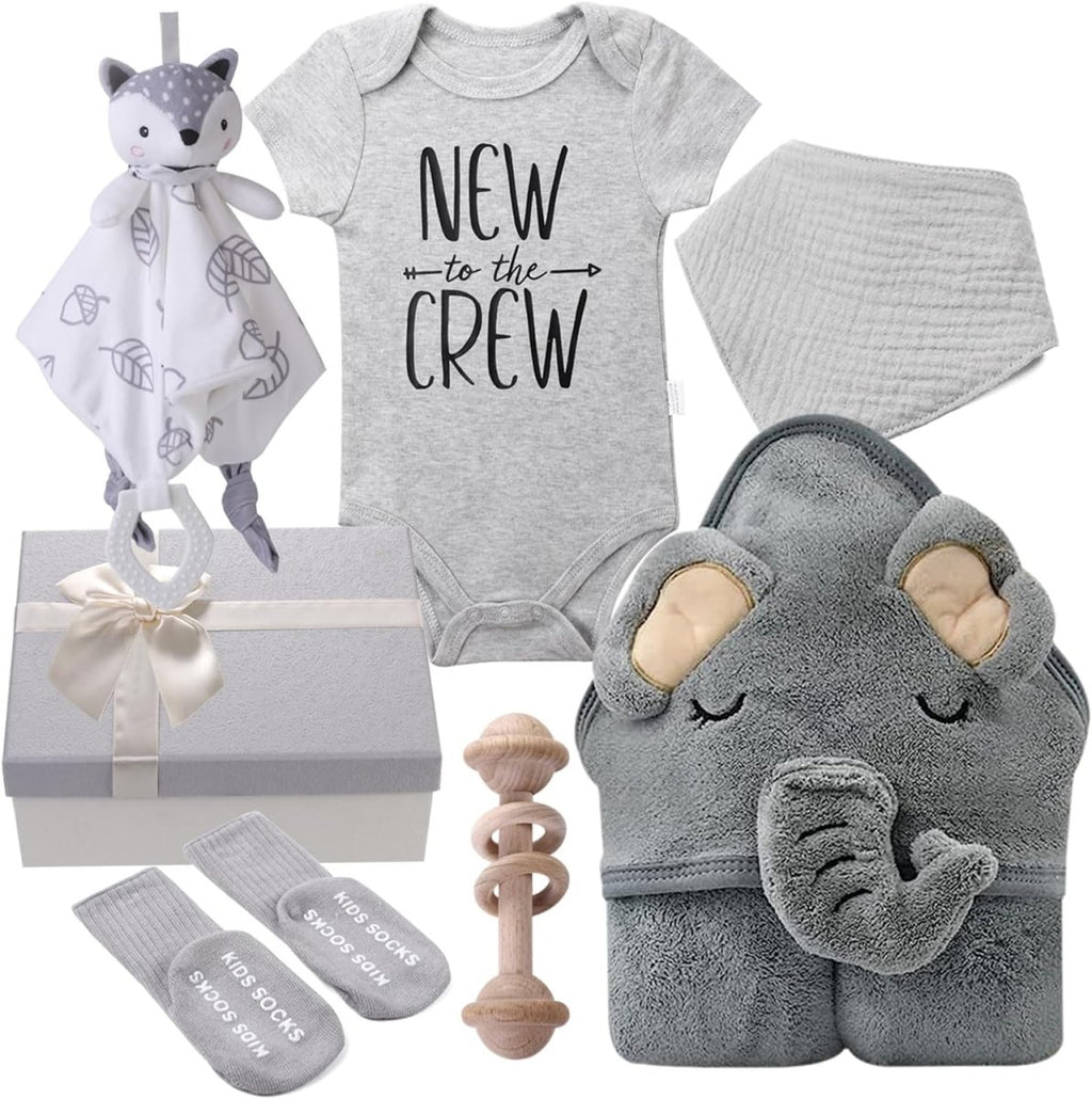Baby Shower Gifts, Baby Boy Girl Gift Box Set Newborn Baby Blanket , Newborn Lovey Security Blanket, Baby Wooden Rattle Toy, New Born clothes Bibs Socks - LittleTreasures