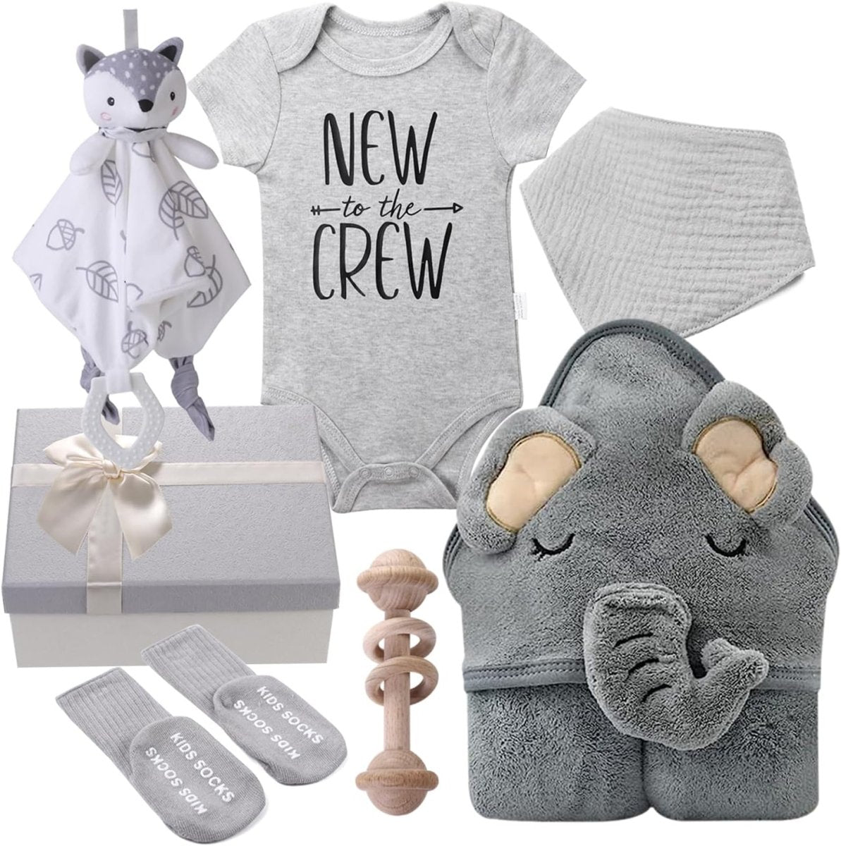 Baby Shower Gifts, Baby Boy Girl Gift Box Set Newborn Baby Blanket , Newborn Lovey Security Blanket, Baby Wooden Rattle Toy, New Born clothes Bibs Socks - LittleTreasures