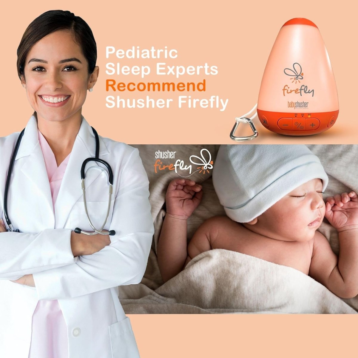 baby Shusher Firefly Soother for Crying Infants with Nightlight - White Noise Sound Machine, Sleep Aid for Newborns, Crib Essentials, USB Rechargeable - 1 Count - LittleTreasures