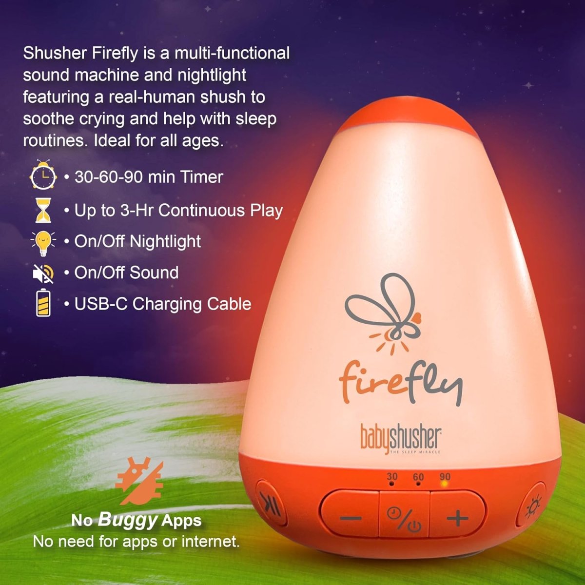 baby Shusher Firefly Soother for Crying Infants with Nightlight - White Noise Sound Machine, Sleep Aid for Newborns, Crib Essentials, USB Rechargeable - 1 Count - LittleTreasures