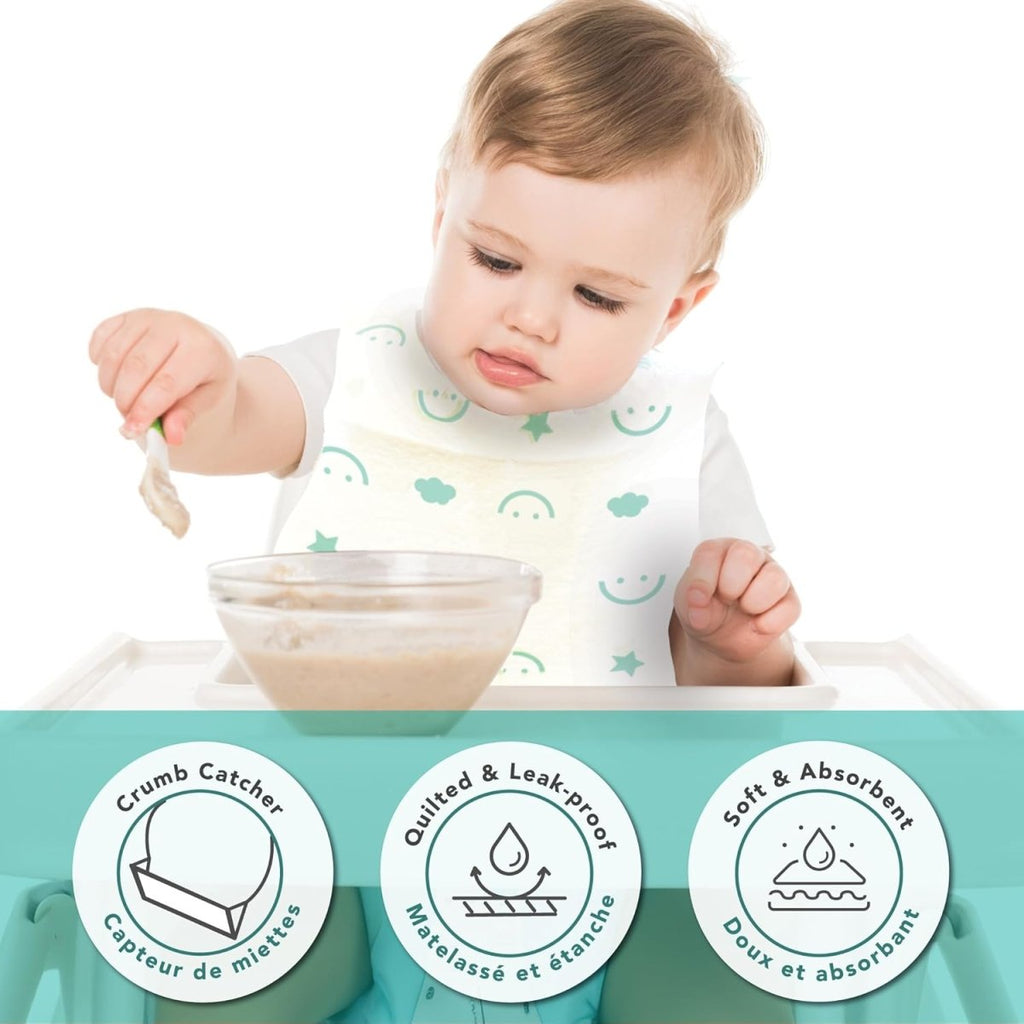 Baby Works Disposable Bibs with Crumb Catcher, 20 Count - Biodegradable and Compostable Baby Bibs - Quilted and Leak - Proof - LittleTreasures