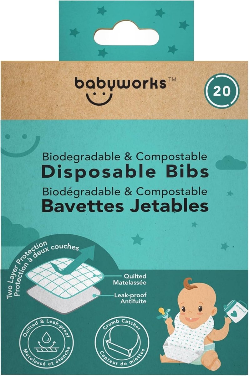 Baby Works Disposable Bibs with Crumb Catcher, 20 Count - Biodegradable and Compostable Baby Bibs - Quilted and Leak - Proof - LittleTreasures