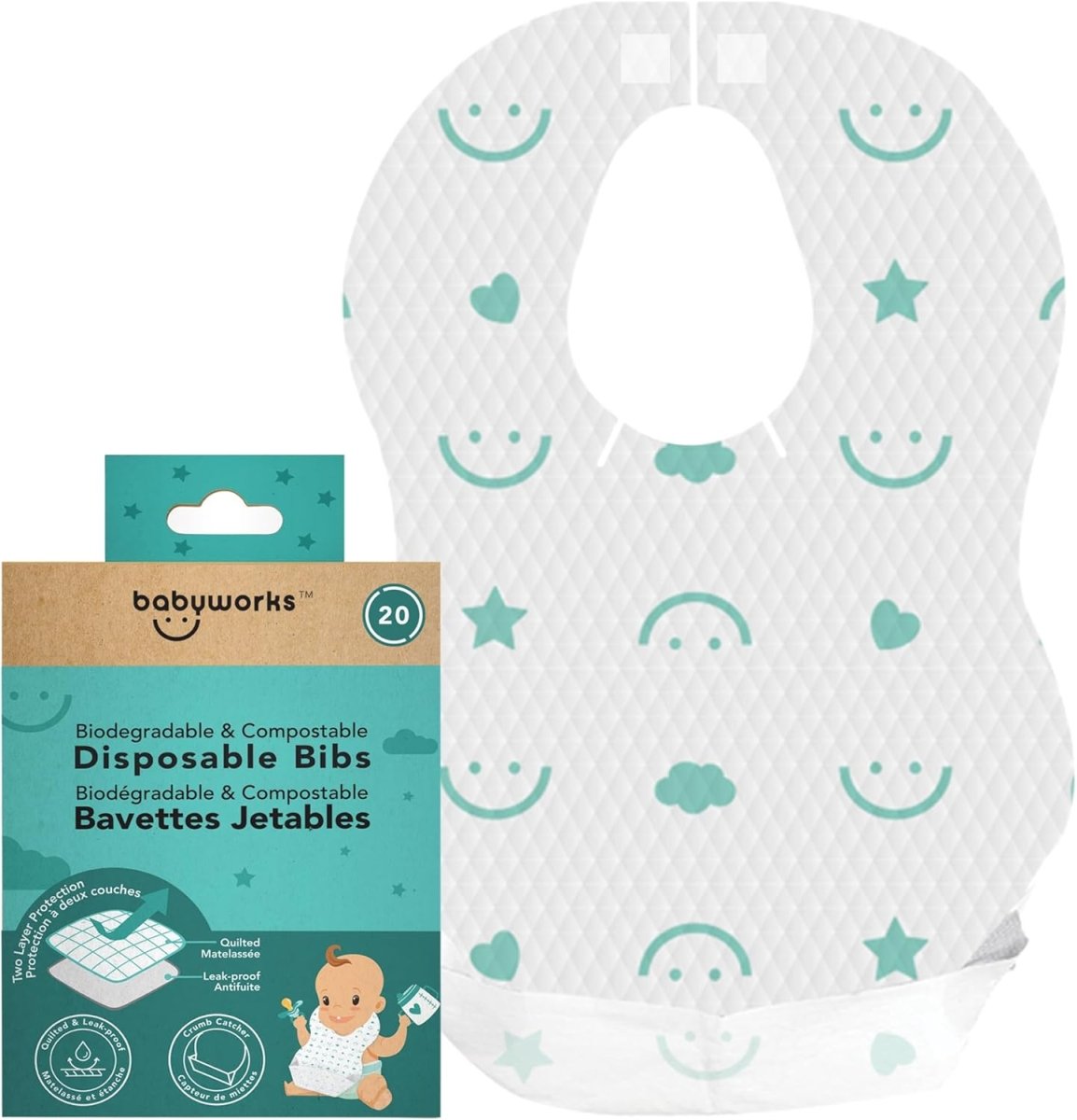 Baby Works Disposable Bibs with Crumb Catcher, 20 Count - Biodegradable and Compostable Baby Bibs - Quilted and Leak - Proof - LittleTreasures