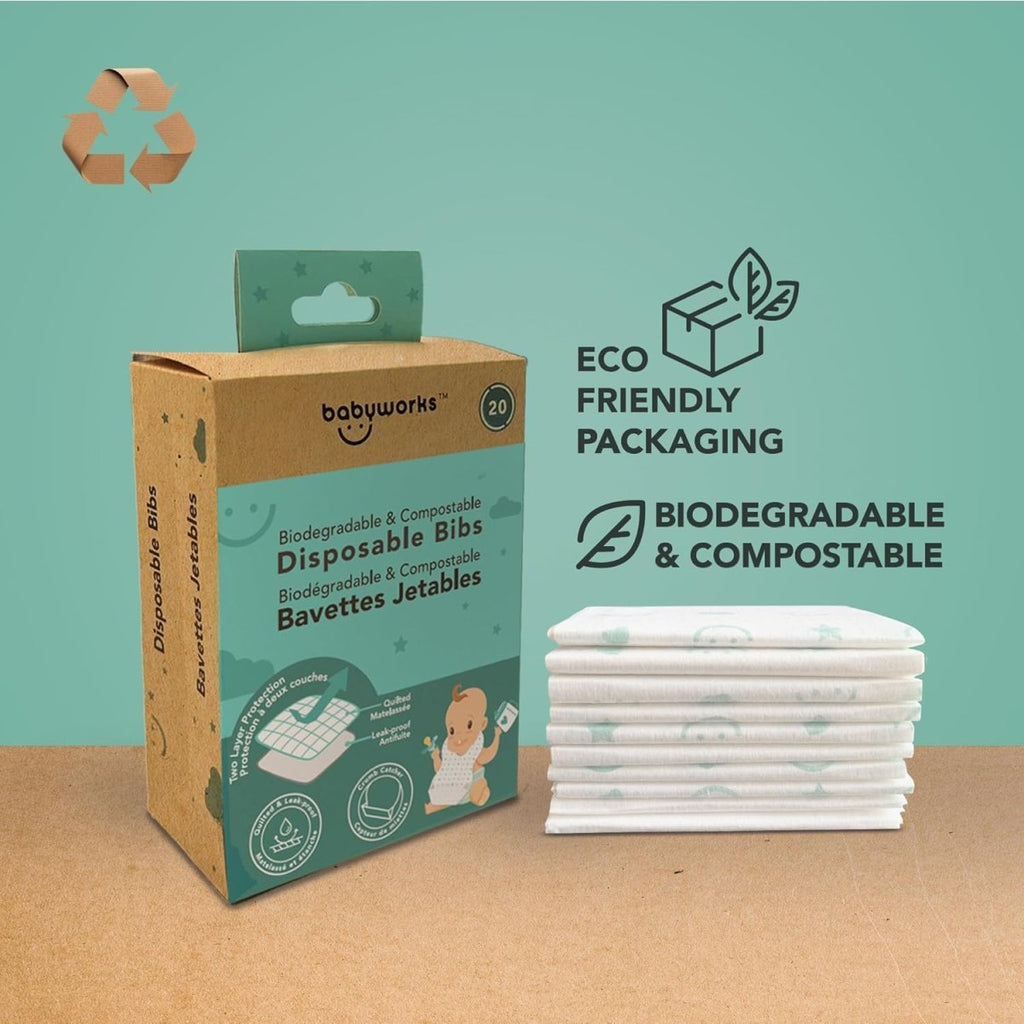 Baby Works Disposable Bibs with Crumb Catcher, 20 Count - Biodegradable and Compostable Baby Bibs - Quilted and Leak - Proof - LittleTreasures