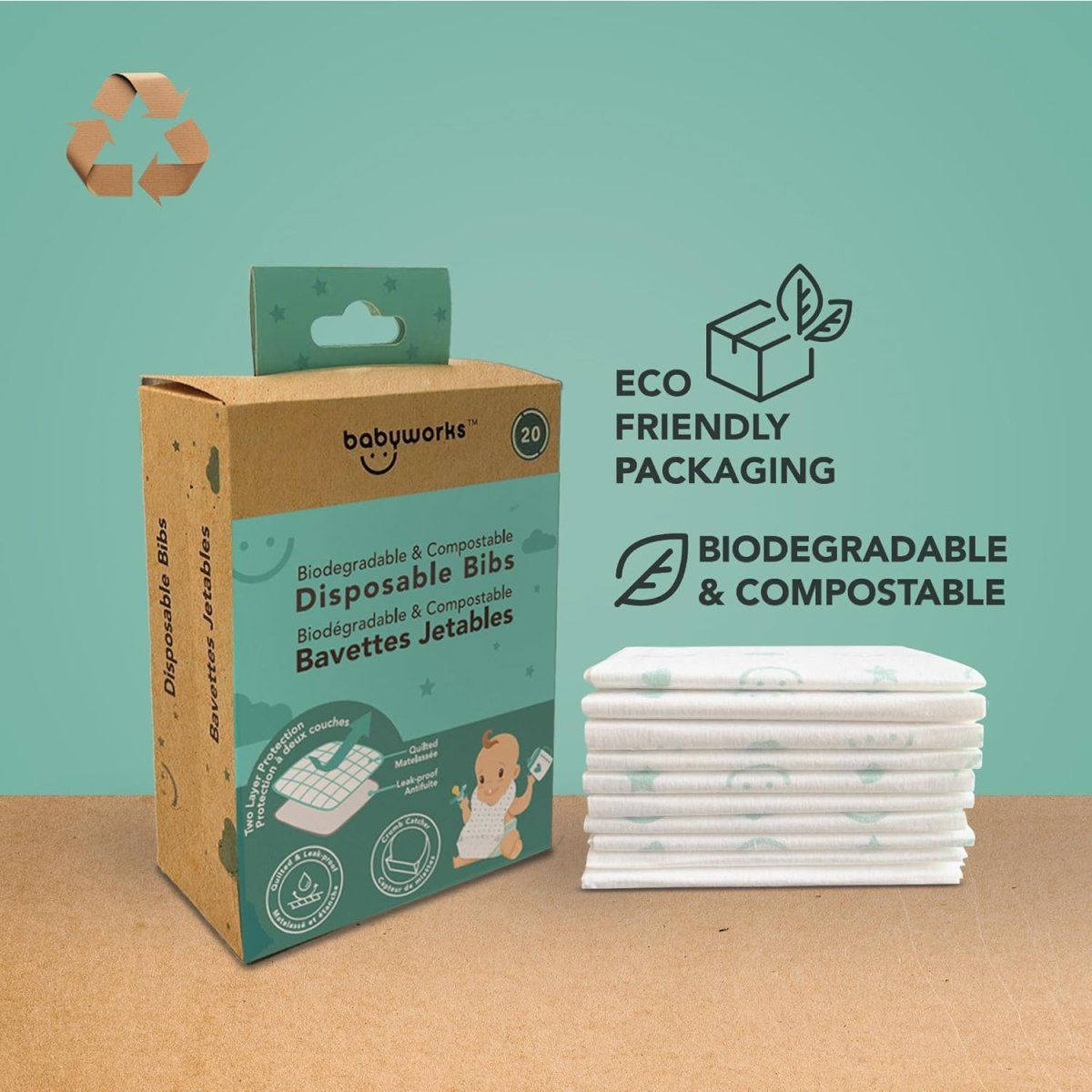 Baby Works Disposable Bibs with Crumb Catcher, 20 Count - Biodegradable and Compostable Baby Bibs - Quilted and Leak - Proof - LittleTreasures
