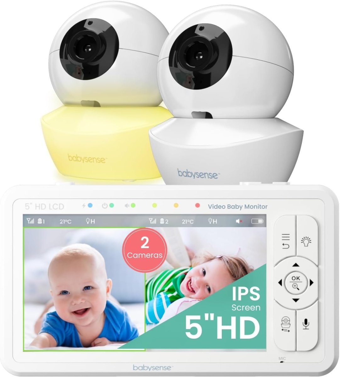 Babysense 5" HD Split - Screen Baby Monitor, Video Baby Monitor with 2 Cameras and Audio, Night Light, 1000ft Range, Two - Way Audio, 4X Zoom, Night Vision, 4000mAh Battery - LittleTreasures