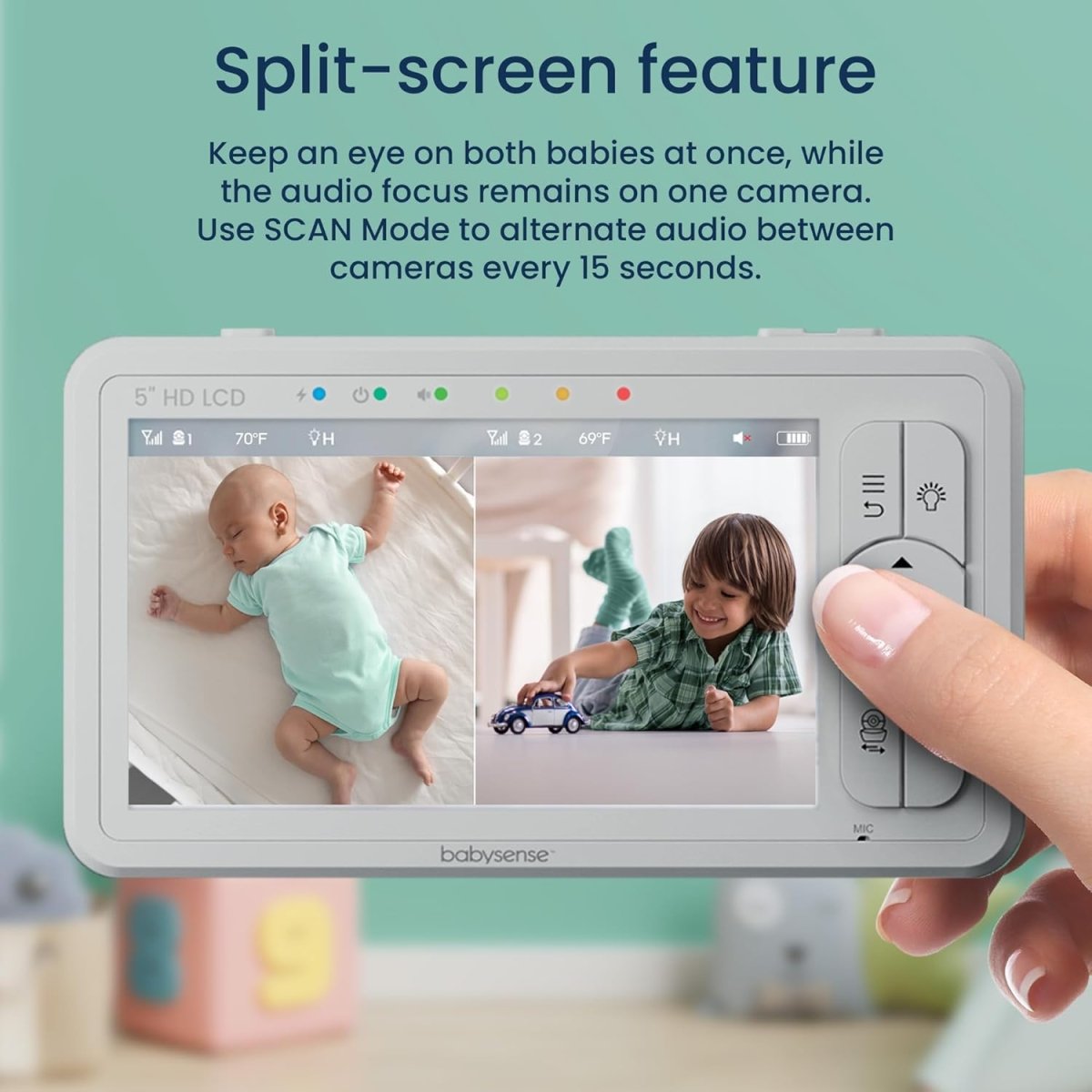 Babysense 5" HD Split - Screen Baby Monitor, Video Baby Monitor with 2 Cameras and Audio, Night Light, 1000ft Range, Two - Way Audio, 4X Zoom, Night Vision, 4000mAh Battery - LittleTreasures