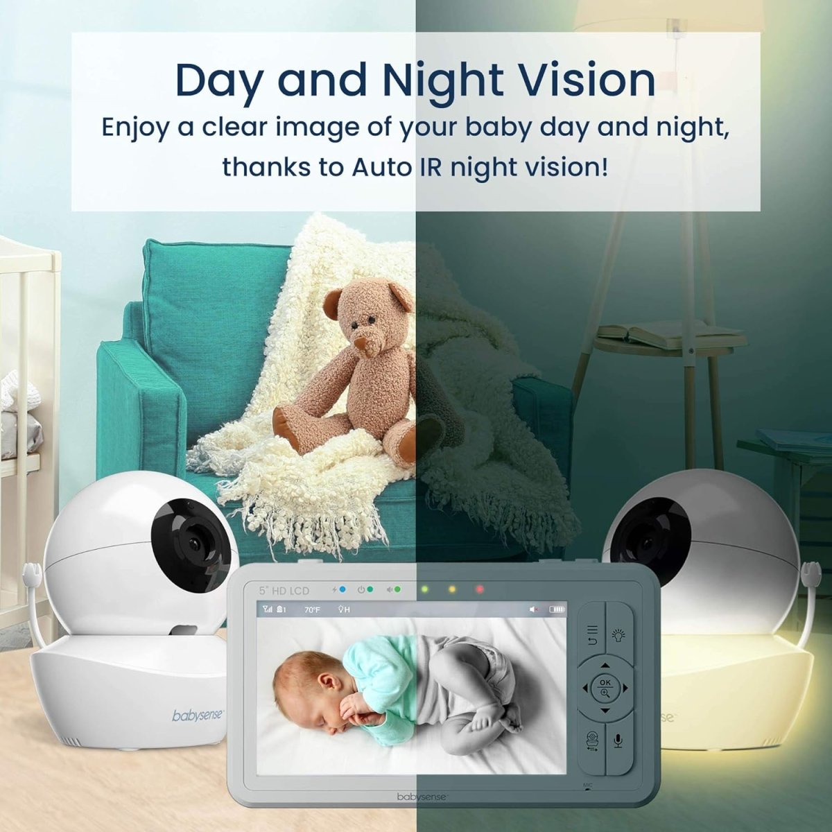 Babysense 5" HD Split - Screen Baby Monitor, Video Baby Monitor with 2 Cameras and Audio, Night Light, 1000ft Range, Two - Way Audio, 4X Zoom, Night Vision, 4000mAh Battery - LittleTreasures
