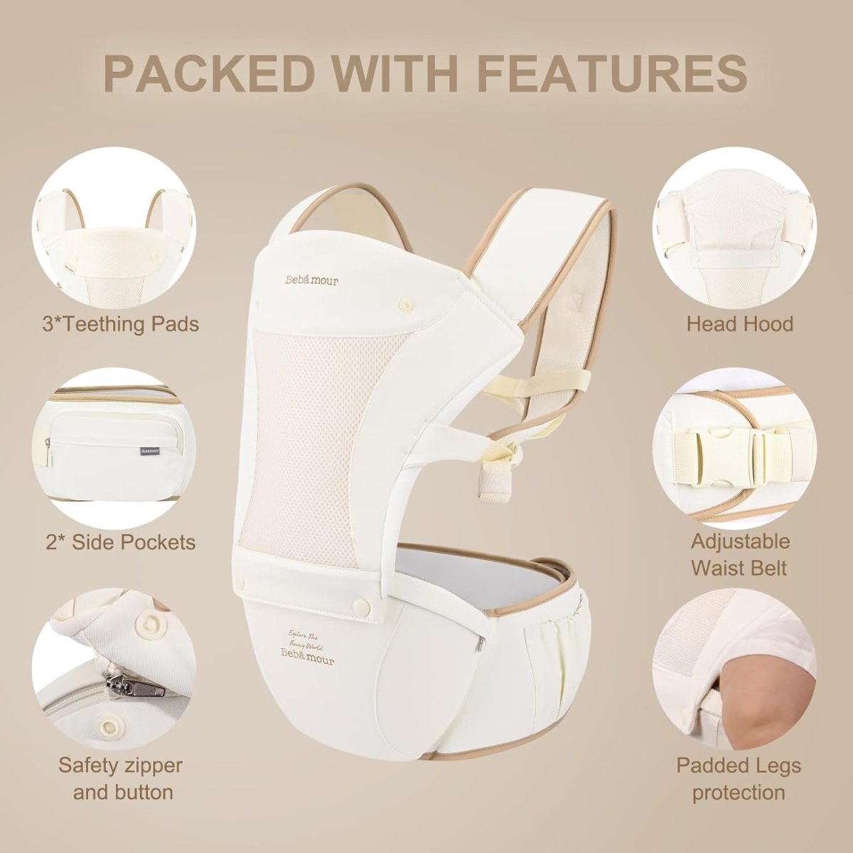 Bebamour Baby Carrier Newborn to Toddler Baby Carrier Hipseat 0 - 36Months with Head Hood, 3 PCS Teething Pads, Waist Extender (New Khaki) - LittleTreasures