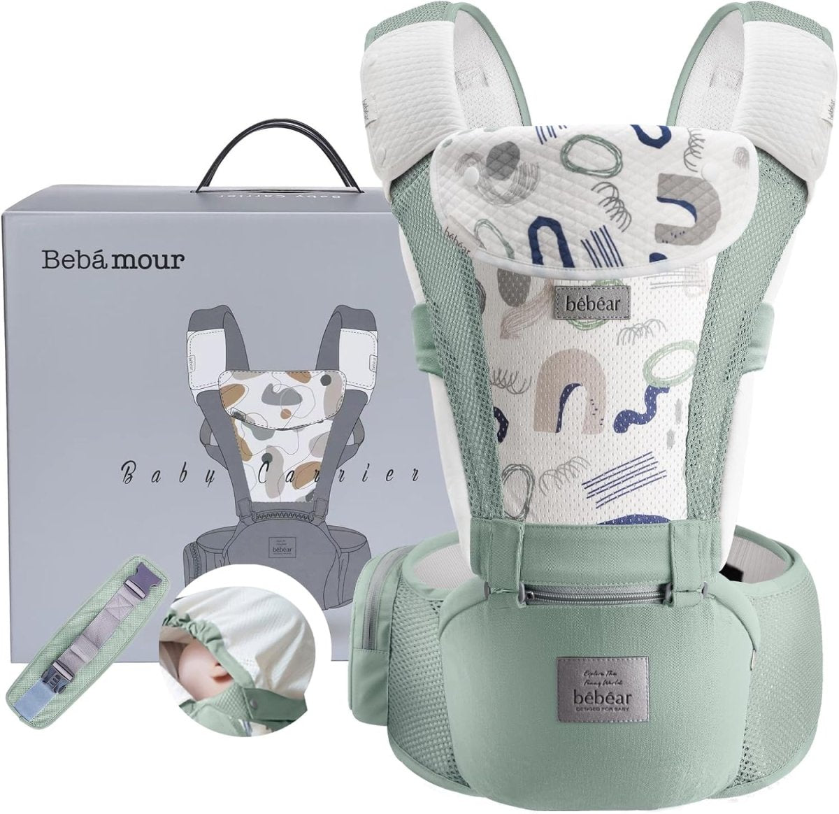 Bebamour Baby Carrier Newborn to Toddler Baby Carrier Hipseat 0 - 36Months with Head Hood, 3 PCS Teething Pads, Waist Extender (New Khaki) - LittleTreasures