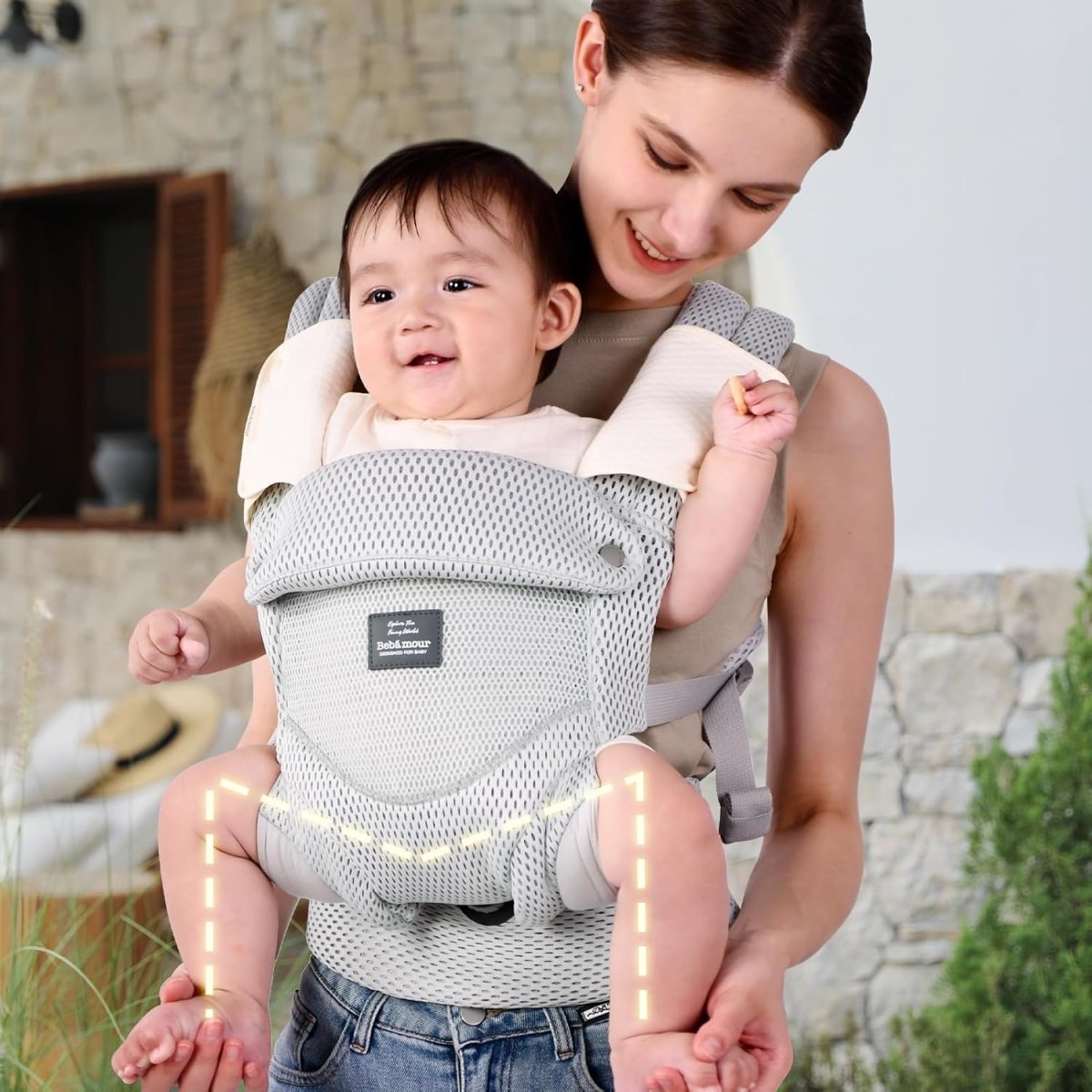 Bebamour Breathable Baby Carrier Ergonomic Infant Carrier for 7 - 32lbs, Adjustable Knob for Baby Hip Healthy Develop, Air Mesh Infant Carrier,Front and Back Baby Carrier with 2 Teething Pads (Khaki) - LittleTreasures