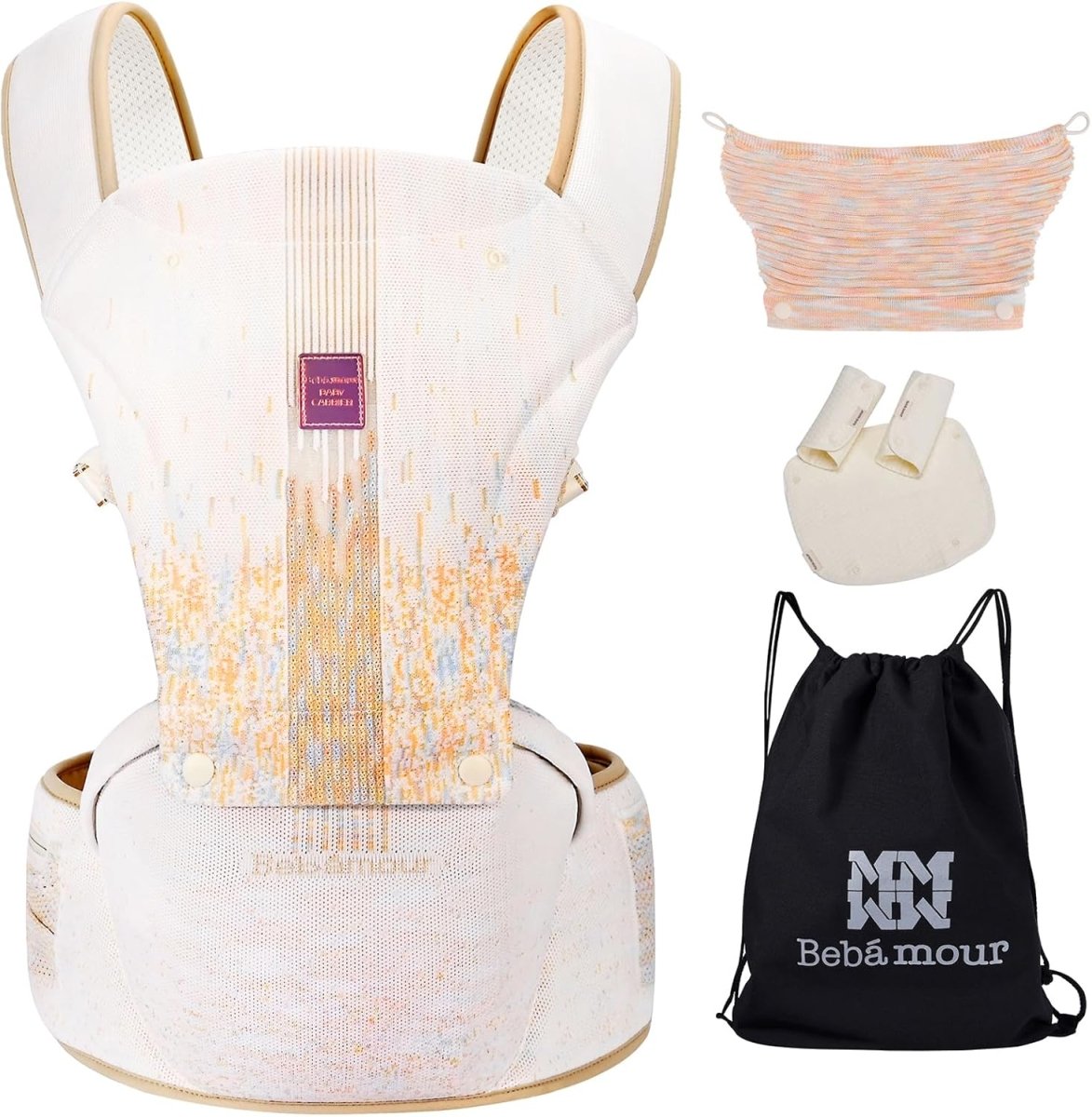 Bebamour Knit Baby Carrier Newborn to Toddler with Hip Seat Baby Carrier Front and Back Carry Carrier with Head Hood & 3 Pieces Teething Pads (White) - LittleTreasures