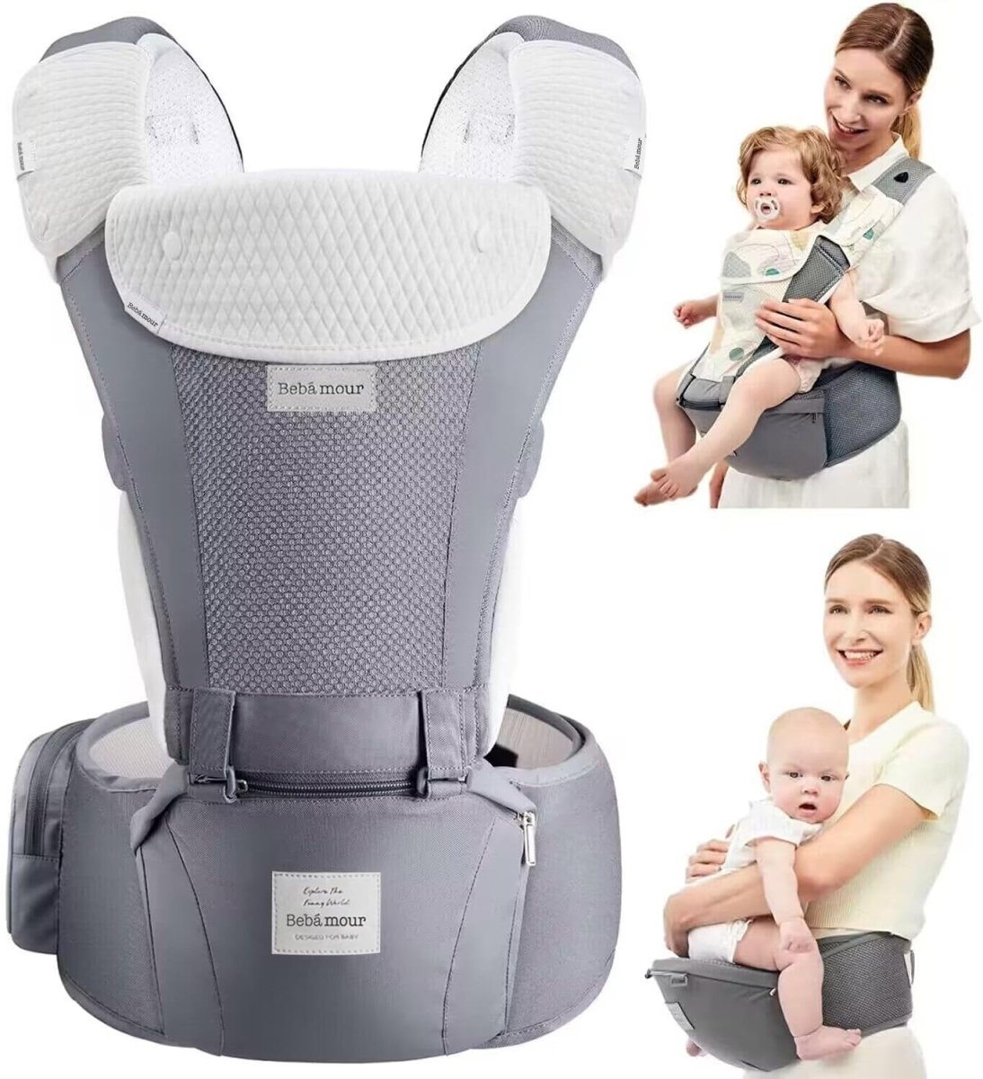 Bebamour Mesh Baby Carrier Front and Back Carry Baby to Toddler Baby Hip Carrier with Head Hood & 3 Pieces Teething Pads& Waist Extenders & Storage Bag (New Black) - LittleTreasures