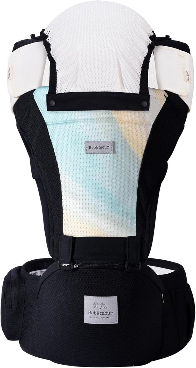 Bebamour Mesh Baby Carrier Front and Back Carry Baby to Toddler Baby Hip Carrier with Head Hood & 3 Pieces Teething Pads& Waist Extenders & Storage Bag (New Black) - LittleTreasures