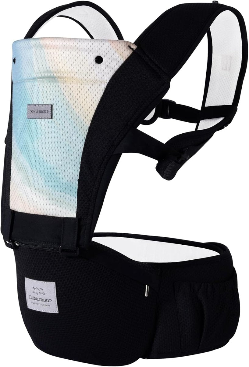 Bebamour Mesh Baby Carrier Front and Back Carry Baby to Toddler Baby Hip Carrier with Head Hood & 3 Pieces Teething Pads& Waist Extenders & Storage Bag (New Black) - LittleTreasures