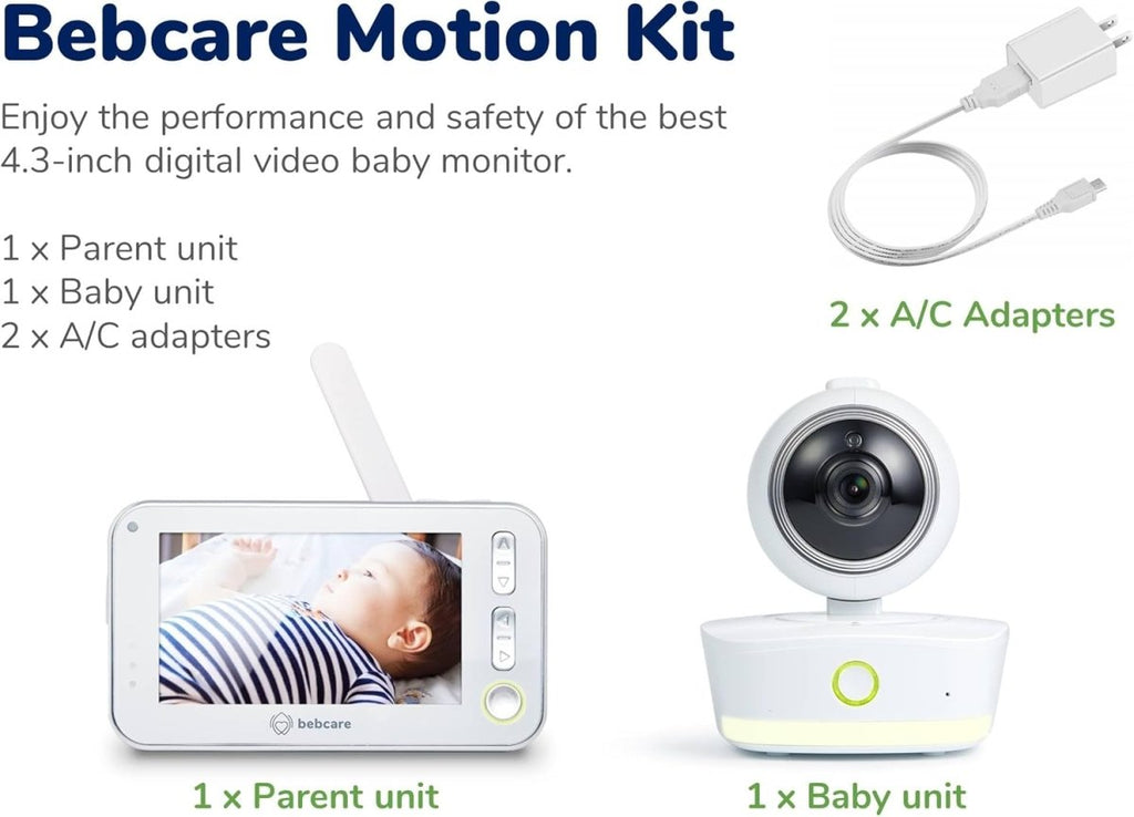 Bebcare Motion - Smart Video Baby Monitor: 4.3" Ultra - Clear Screen, 360° Pan - and - Tilt Camera, Temperature Sensor, Motion and Sound Alert, Auto Baby Tracking Camera (Without Breathing Sensor Mat) - LittleTreasures