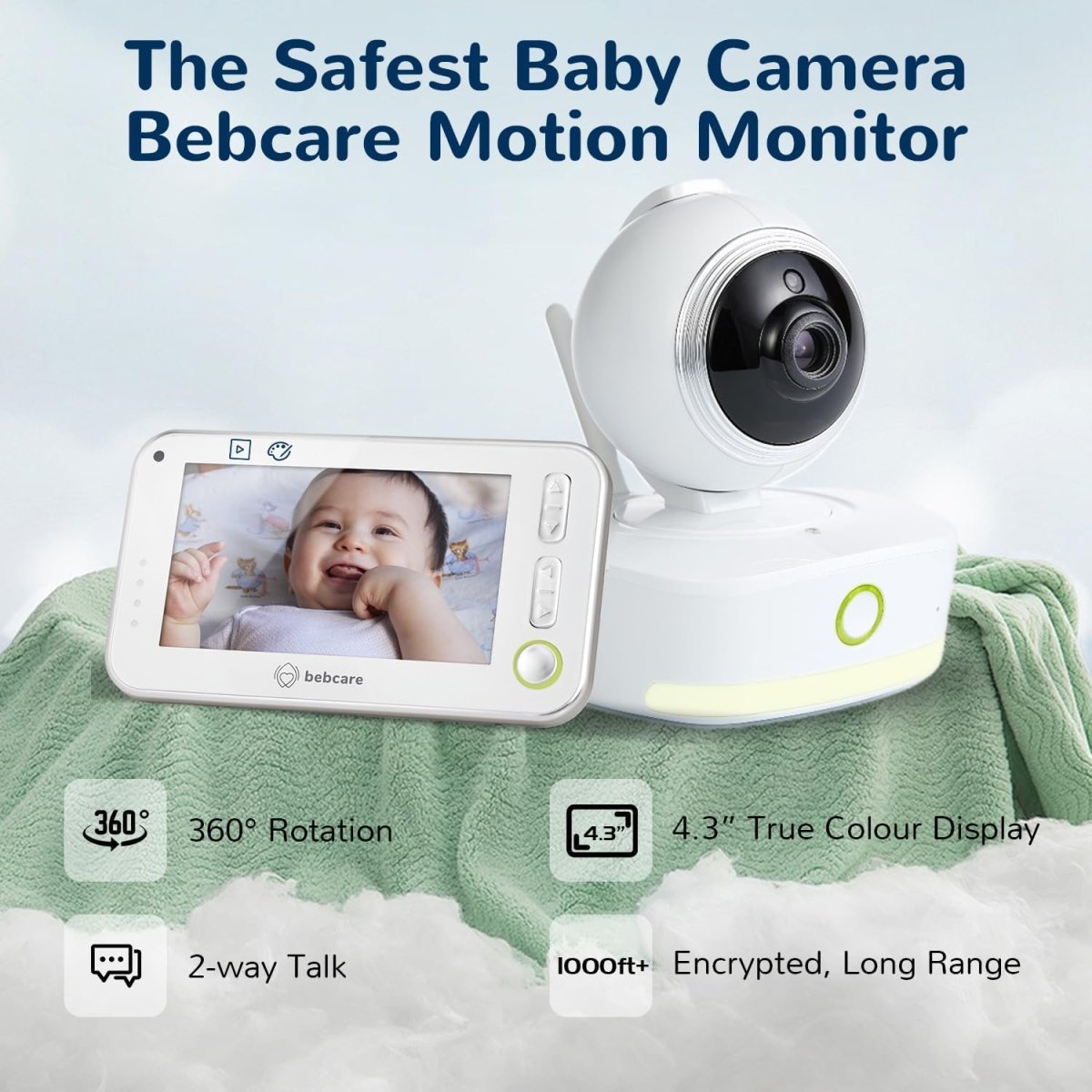 Bebcare Motion - Smart Video Baby Monitor: 4.3" Ultra - Clear Screen, 360° Pan - and - Tilt Camera, Temperature Sensor, Motion and Sound Alert, Auto Baby Tracking Camera (Without Breathing Sensor Mat) - LittleTreasures