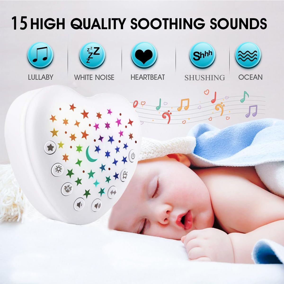 BEREST A13 White Noise Machine & Baby Sleep Soother with 15 Soothing Sounds & Projector Night Light Music Box, Cry Sensor, Rechargeable Lithium Battery, Portable for Newborns, Toddlers, Attaches to Crib - LittleTreasures
