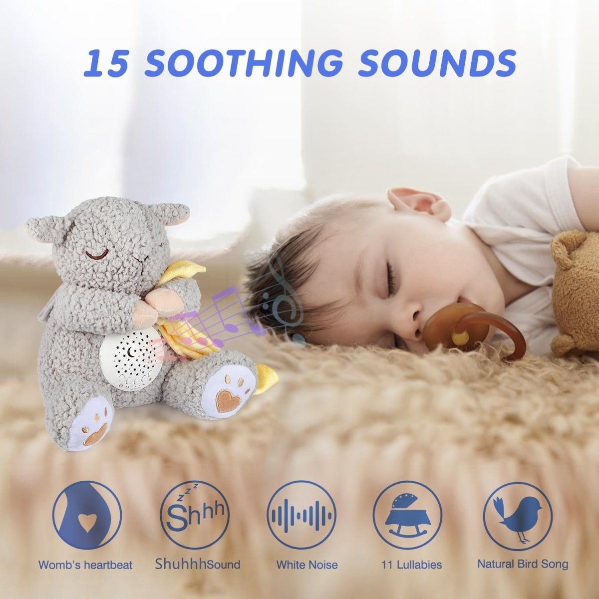 BEREST Rechargeable Dreamy Sheep, Baby Cry Sensor Mom's Heartbeat Lullabies White Noise Machine, Nursery Decor Night Light Projector, Toddler Crib Sleeping Aid, Baby Shower Gifts Portable - LittleTreasures