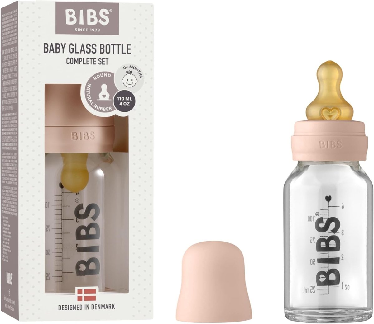 BIBS Baby Glass Bottle. Anti - Colic. Round Natural Rubber Latex Nipple. Supports Natural Breastfeeding, Complete Set - 110 ml, Blush - LittleTreasures